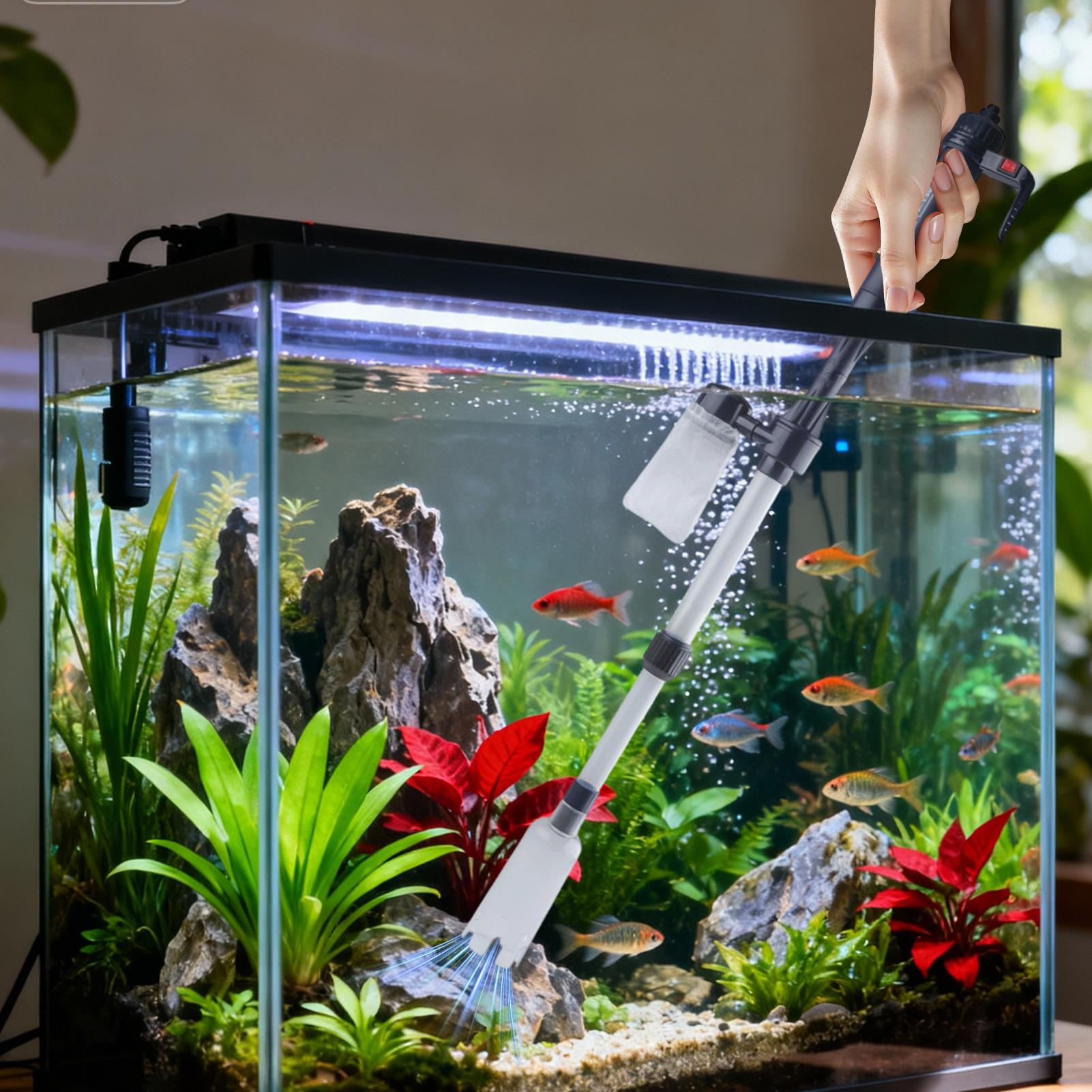Aquarium Fish Maintenance - 水槽用真空砂利クリーナー、調整可能な伸縮式USBポータブル水槽掃除機、オフィスやアパート向けツール
