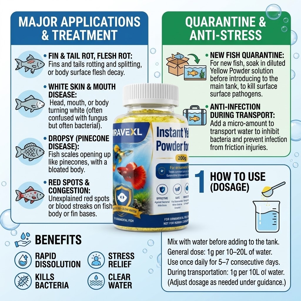 ミラベックスLインスタントイエローパウダー（観賞魚用）、効果 - Aquarium Fish Medicine のレビューと価格